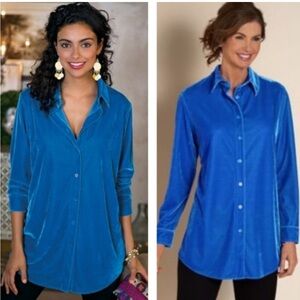 Soft surroundings blue velvet button down blouse
